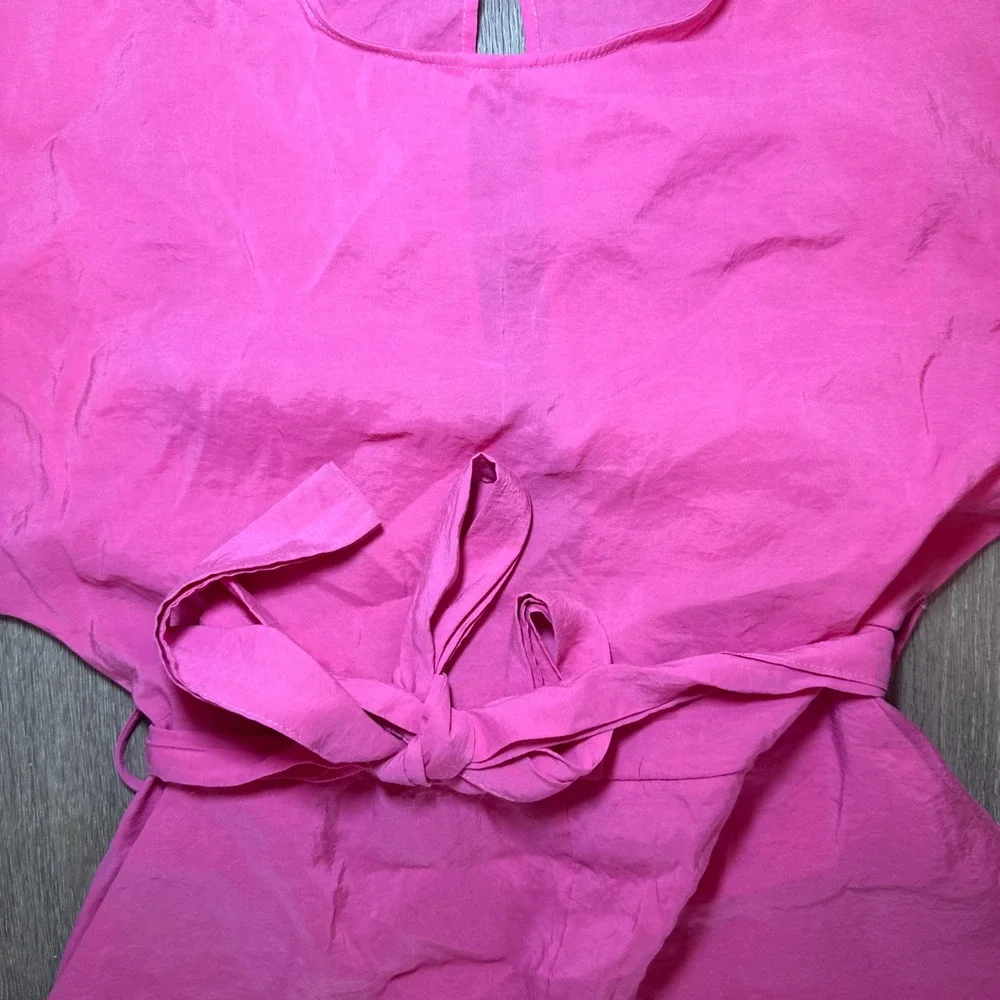 Zara Womens Pink Textured Short Sleeve Keyhole Back Tie Waist Romper Size XS
